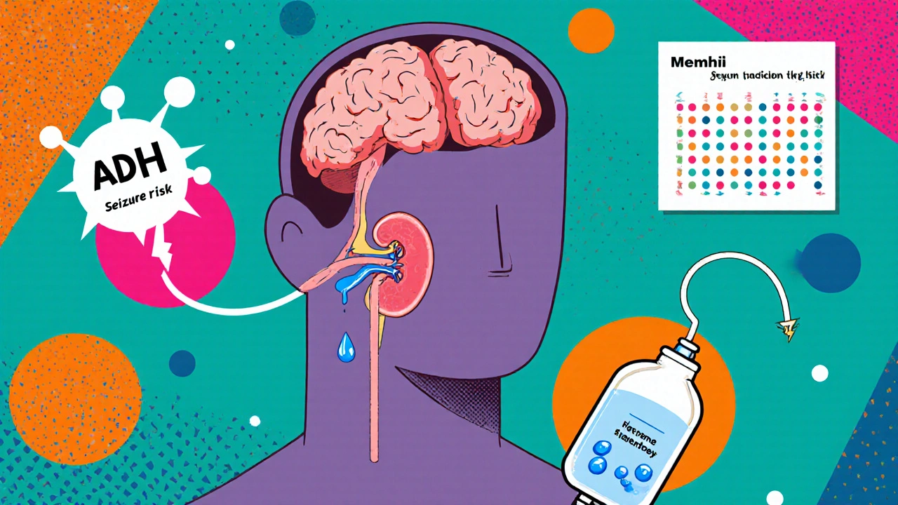 Cartoon cross‑section showing a swelling brain, kidneys retaining water, and an IV bag of saline.