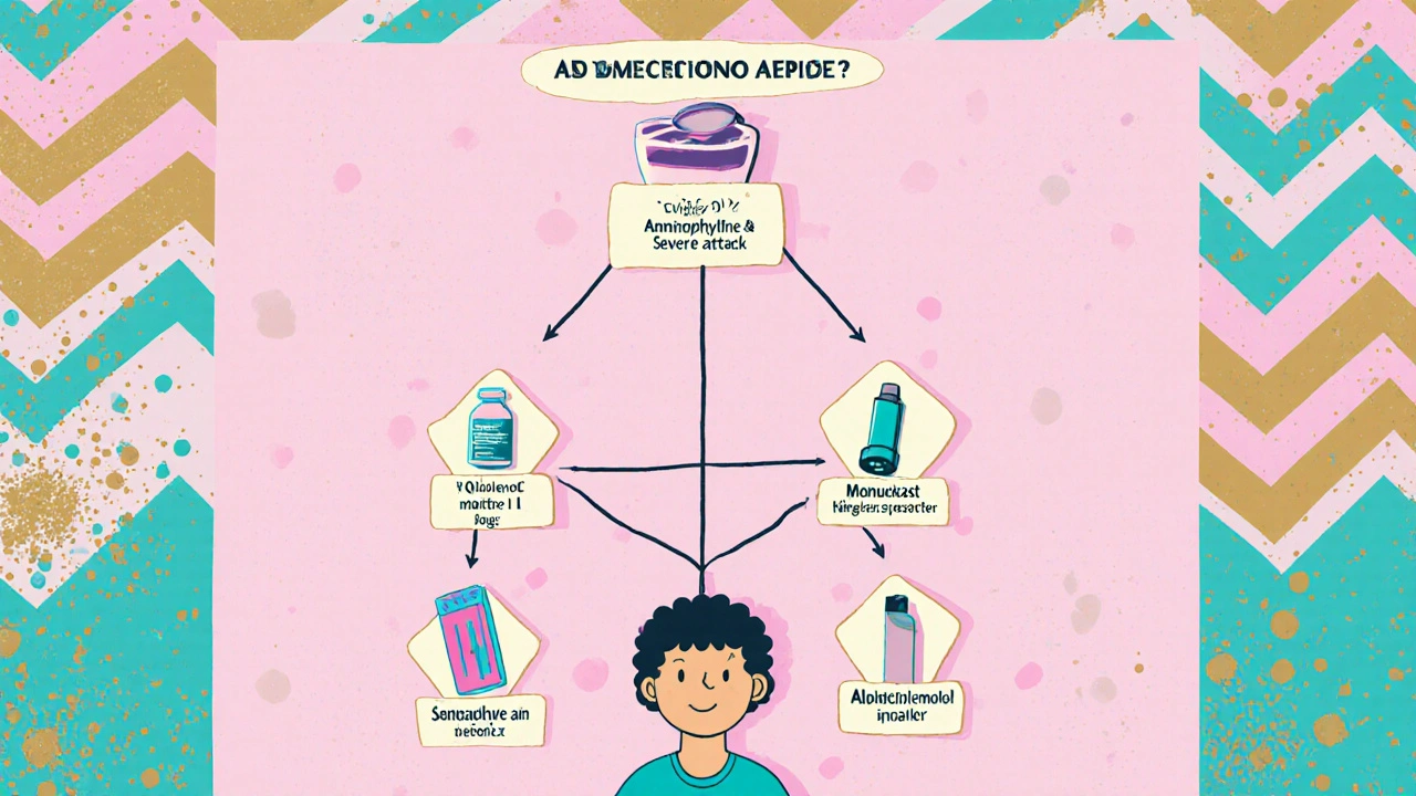 Decision‑tree cartoon shows patient choosing asthma medication, with branches leading to tablets, inhalers, and IV drip.