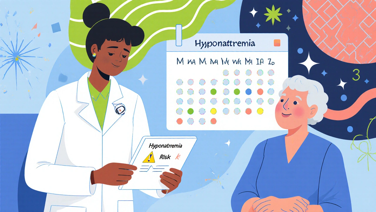 Doctor looks at an AI alert on a tablet while an elderly patient sits beside a calendar of sodium checks.