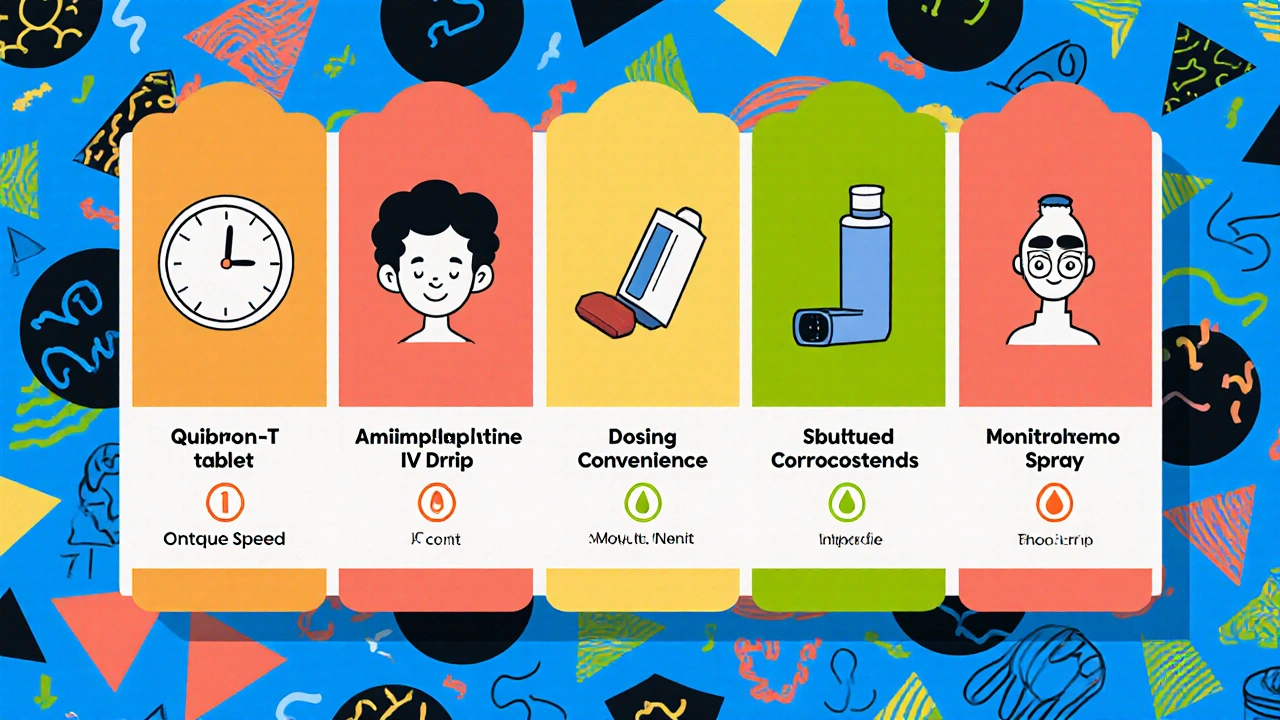 Five cartoon panels compare asthma drugs, each showing onset speed, dosing, and monitoring against bold Memphis patterns.