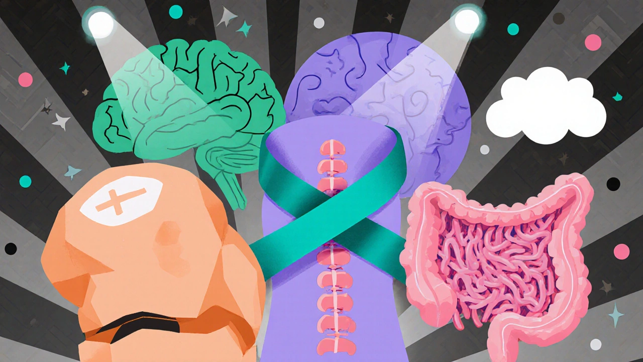Collage of knee, spine disc, brain, lungs, and colon connected by a teal PPS molecule.