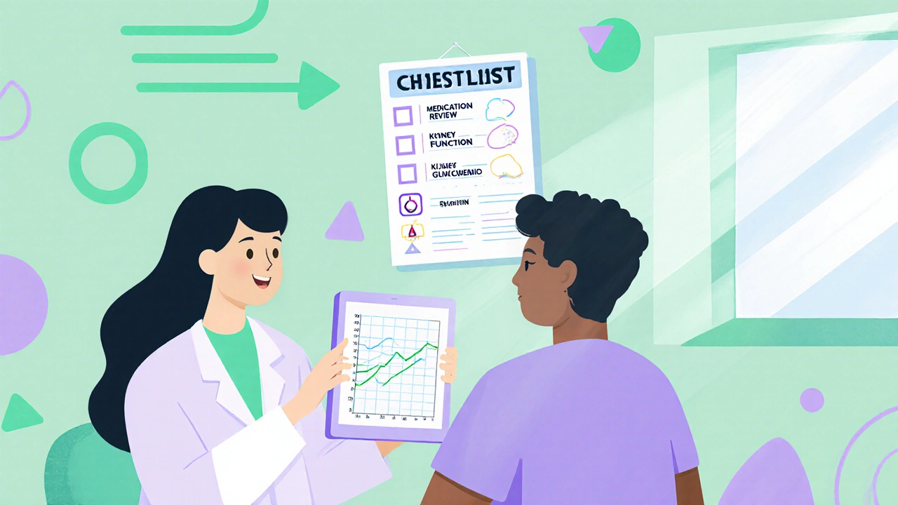 Doctor and patient reviewing a glucose chart with a checklist in a pastel patterned room.