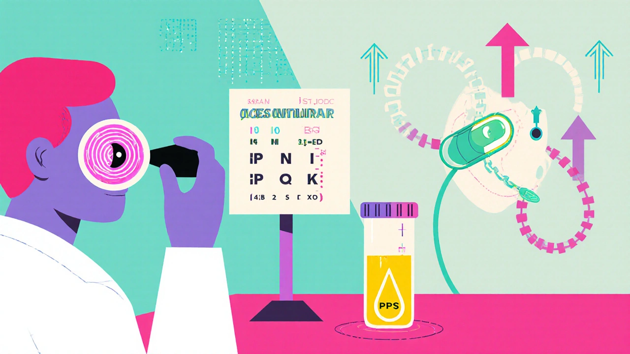 Doctor performing eye exam, lab biomarker test tube, and PPS drug carrier illustration.