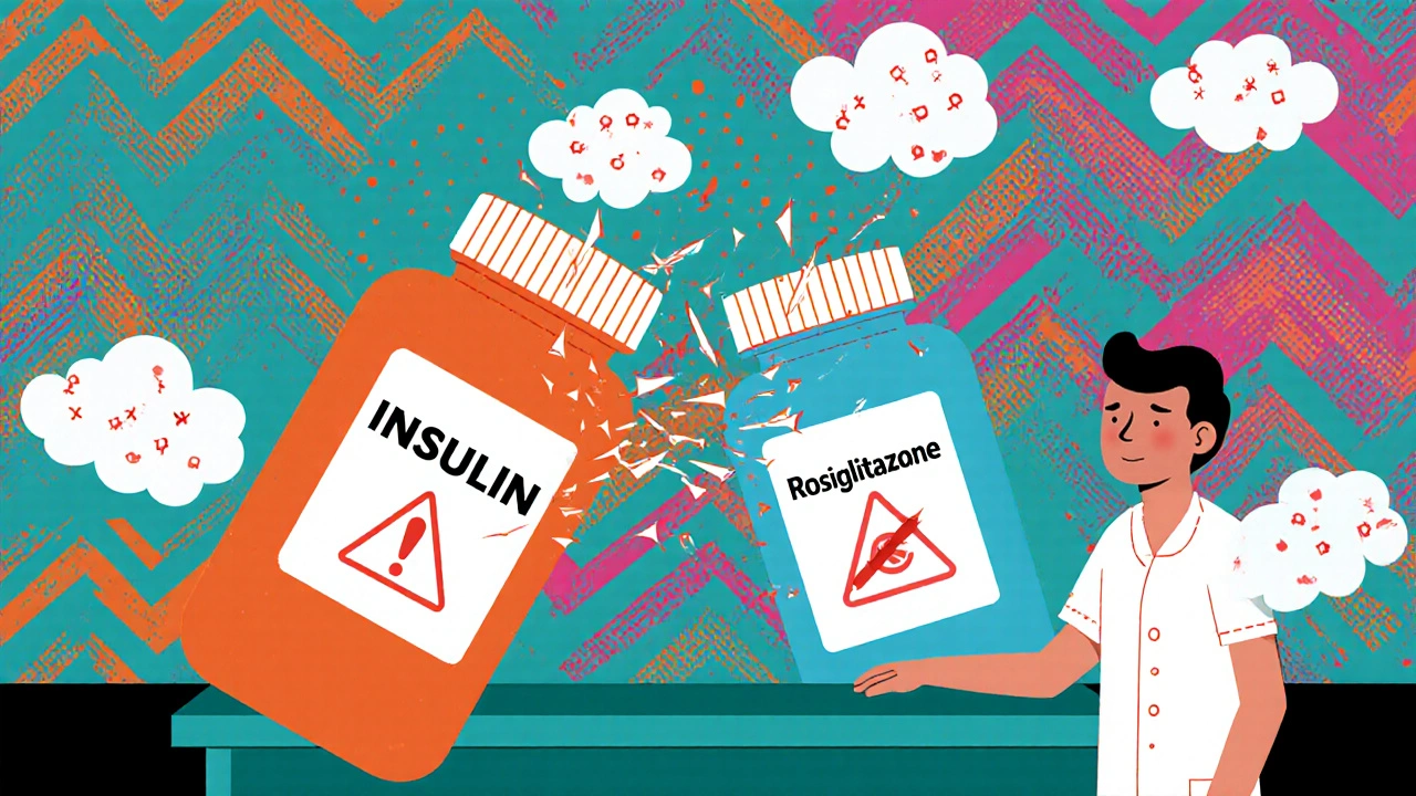 Insulin and rosiglitazone bottles colliding with red alert icons in a geometric background.