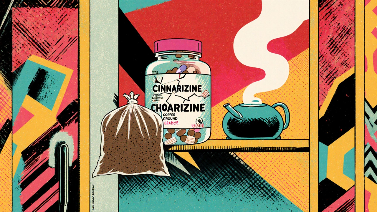 A cinnarizine bottle on a high shelf with cracked pills and a sealed disposal bag nearby, in Memphis design style.