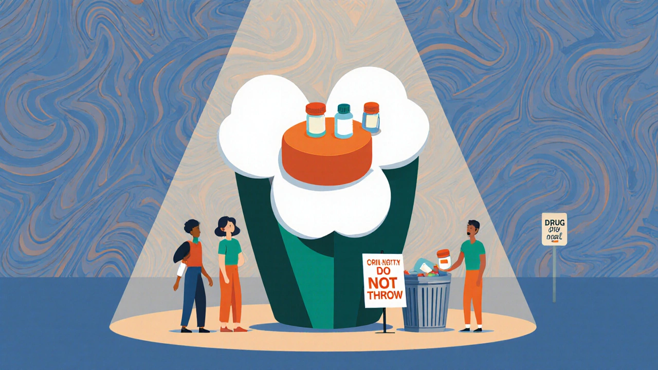 A colorful drug take-back bin shaped like a flower, with people dropping off medication bottles.