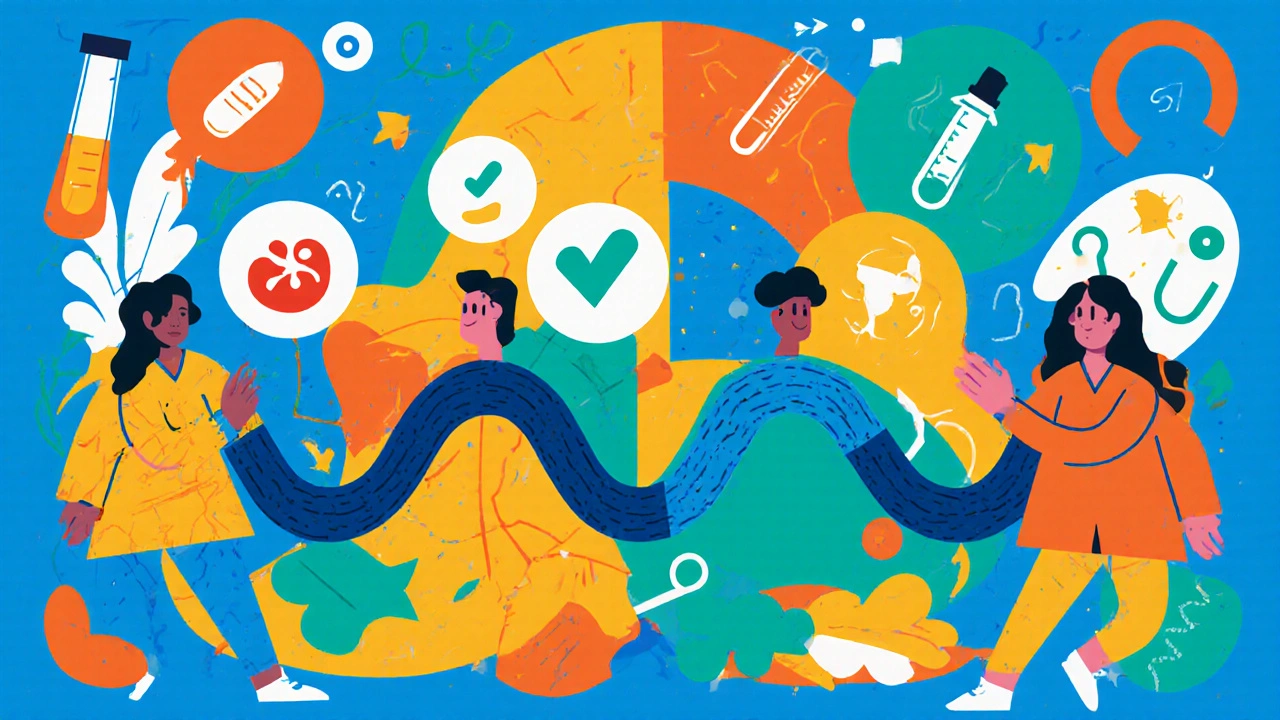 Abstract chain of figures turning syphilis sores into checkmarks, symbolizing prevention in Memphis design.