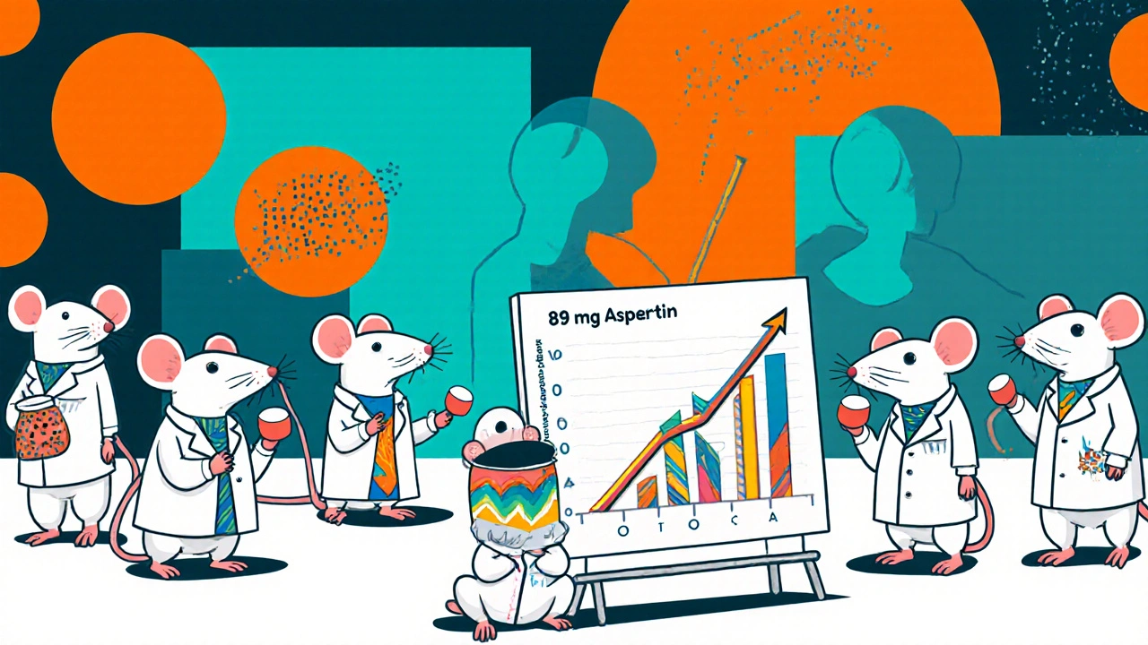 Cartoon mice with aspirin tablets showing reduced prolactin and increased growth hormone in Memphis style.