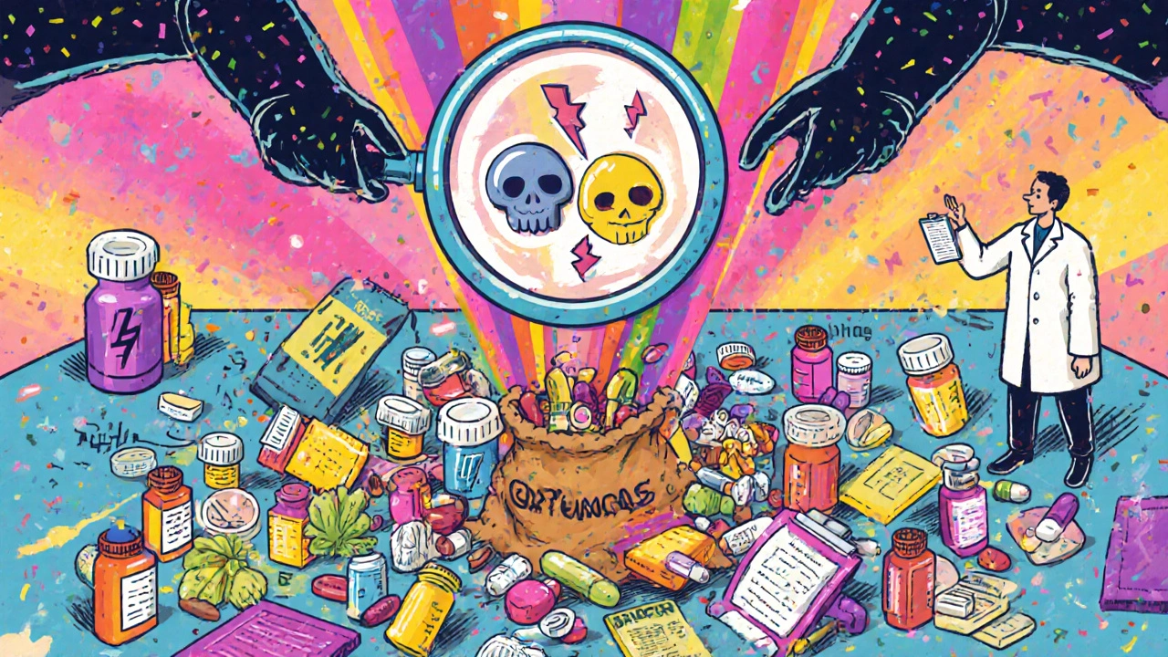 Colorful pill bottles spilling from a bag, magnifying glass revealing hidden dangers between interacting medications.