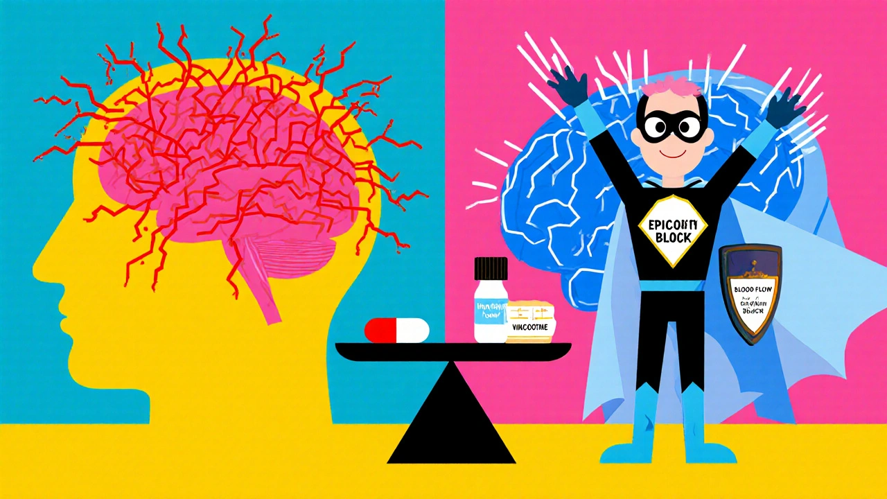 Contrasting chaotic brain seizures with calm brain protected by vinpocetine superhero, rendered in bold Memphis colors.