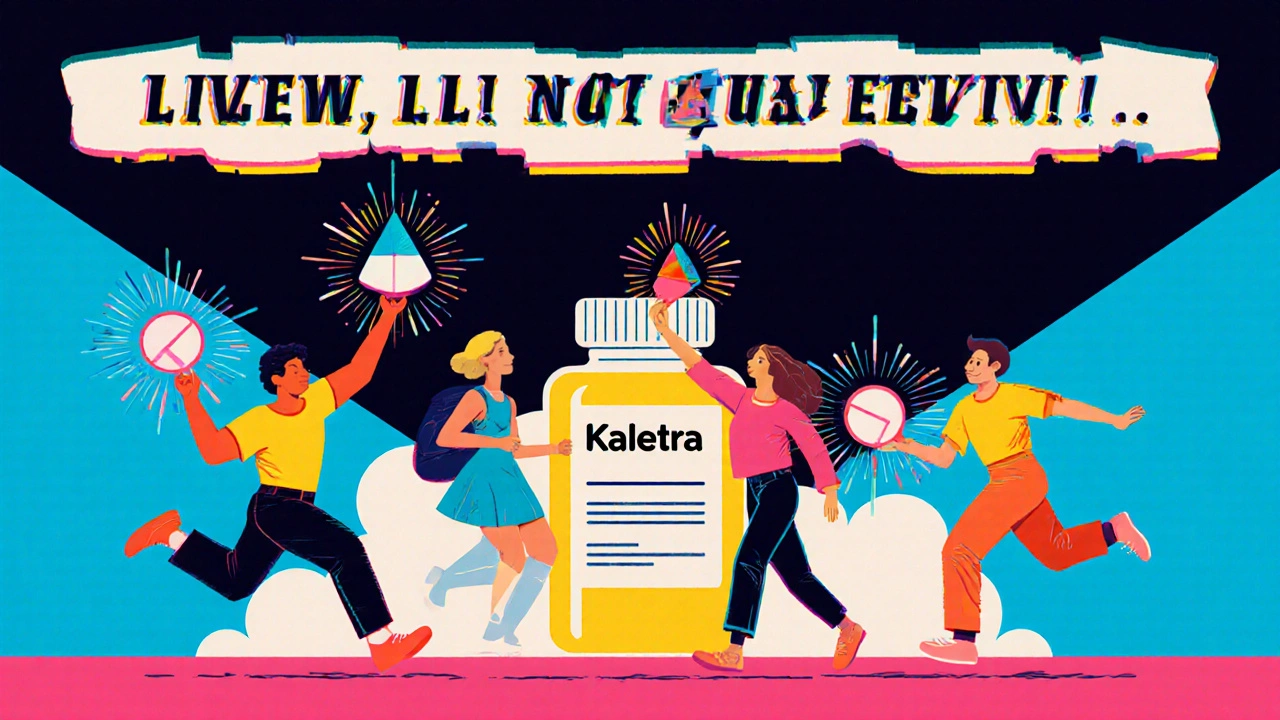 Diverse people active with geometric HIV pills, fading Kaletra bottle in background