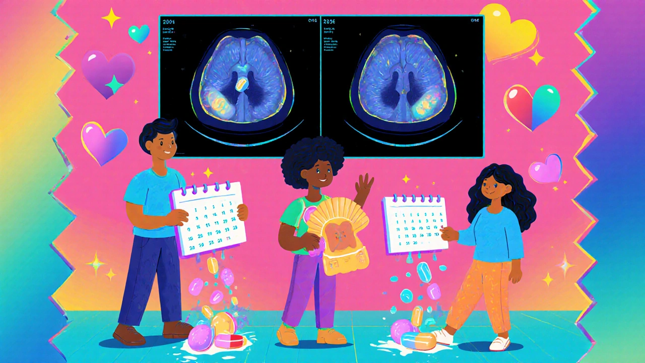 Diverse people with pill calendars as tumors melt away, framed by vibrant abstract patterns and floating stars.