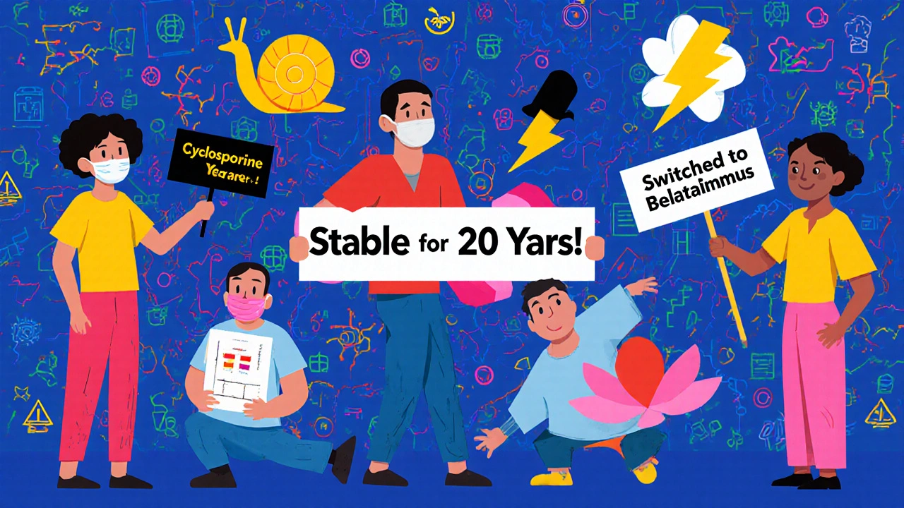 Diverse transplant patients with abstract drug-shaped animals and medical symbols in bold Memphis colors.