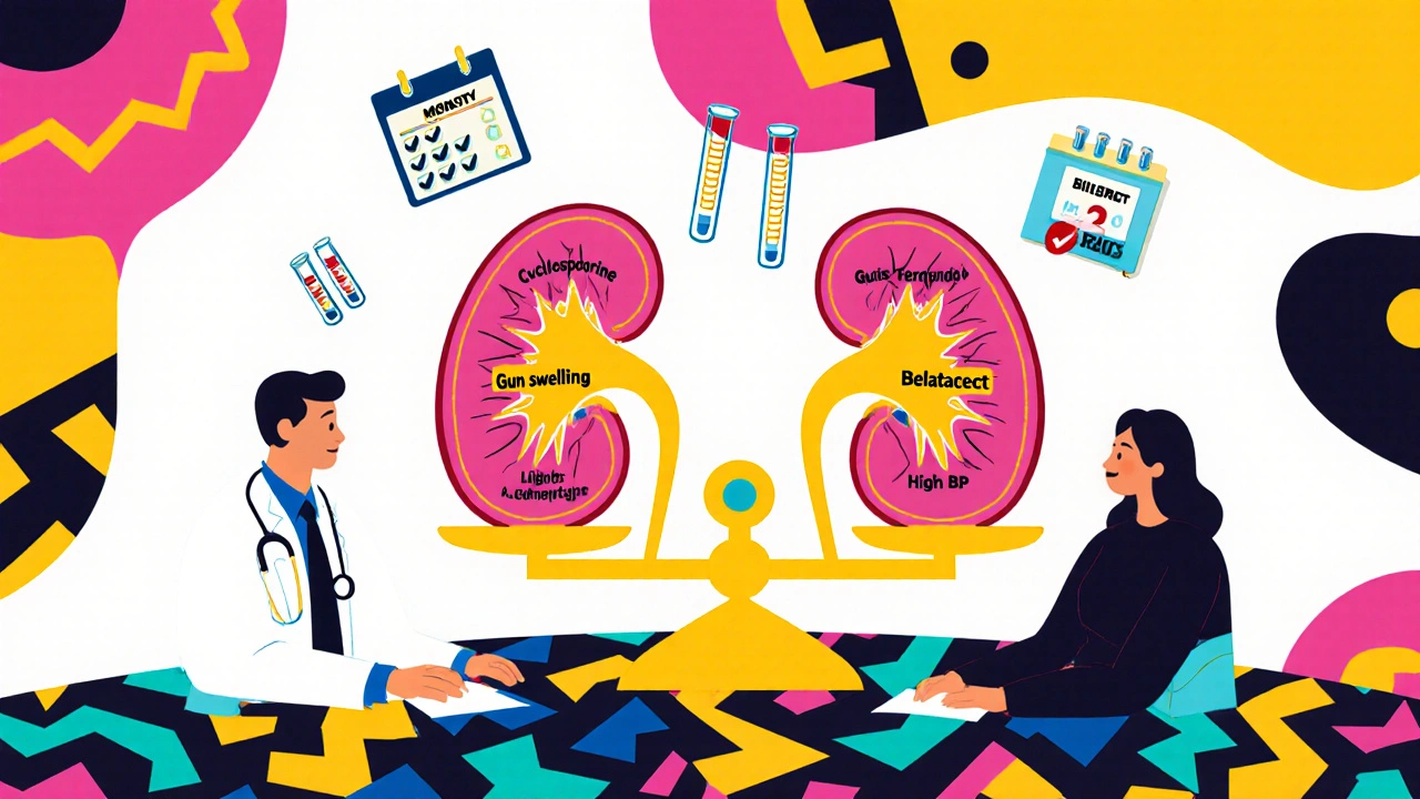 Doctor and patient balancing side effects of Cyclosporine against Belatacept on a patterned table in Memphis design.