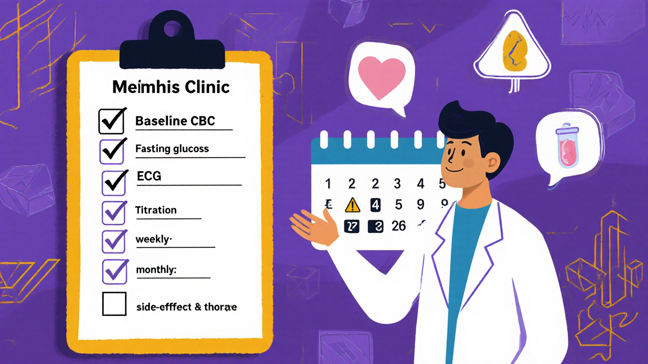 Doctor and patient reviewing a treatment checklist with a calendar of blood‑test appointments in a cartoon clinic.