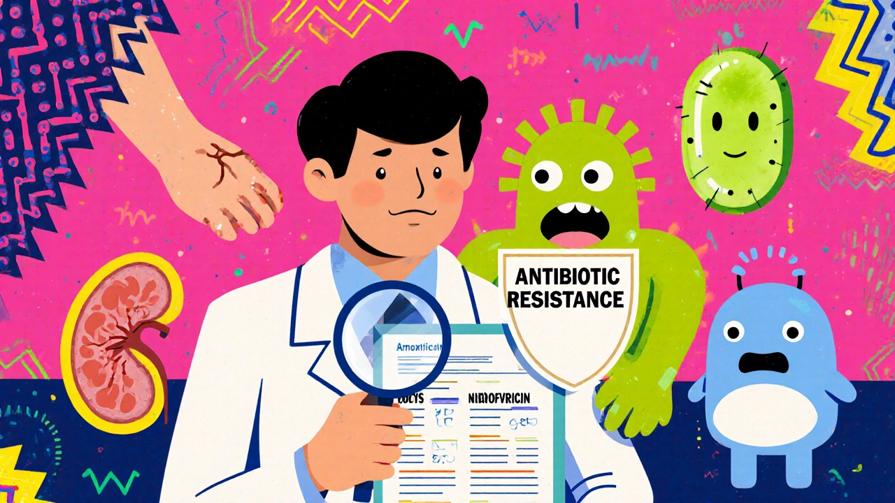 Doctor examining a chart as safer antibiotics push away a risky levofloxacin figure, illustrated in bold Memphis design with abstract medical icons.