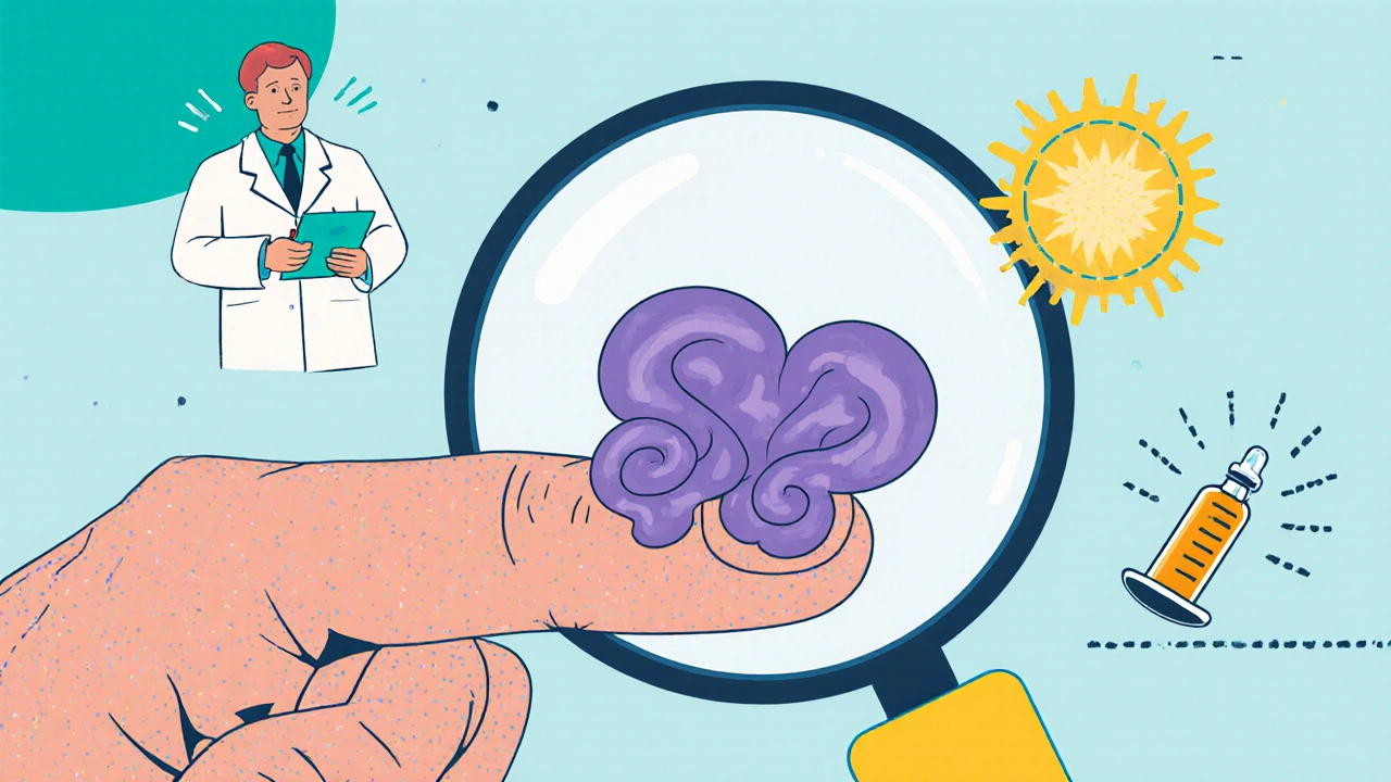 Elderly man examining fungal nail infection with medical icons floating around him in vibrant geometric patterns.