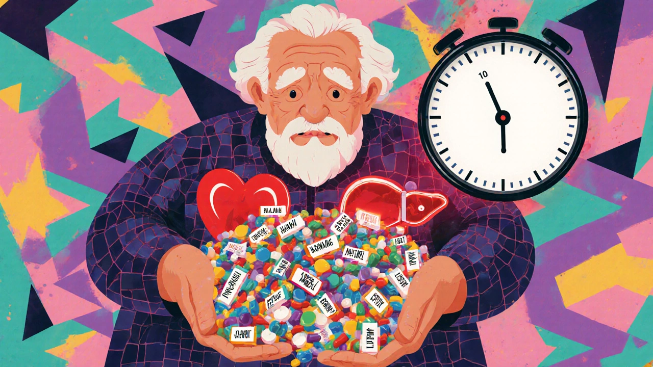 Elderly person surrounded by chaotic pile of pills, body cracked with warning signs, ticking watch in background.