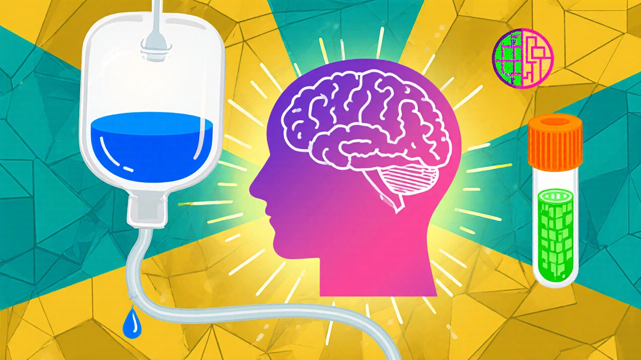 IV bag delivering acyclovir beside renal and PCR symbols in bright geometric style.