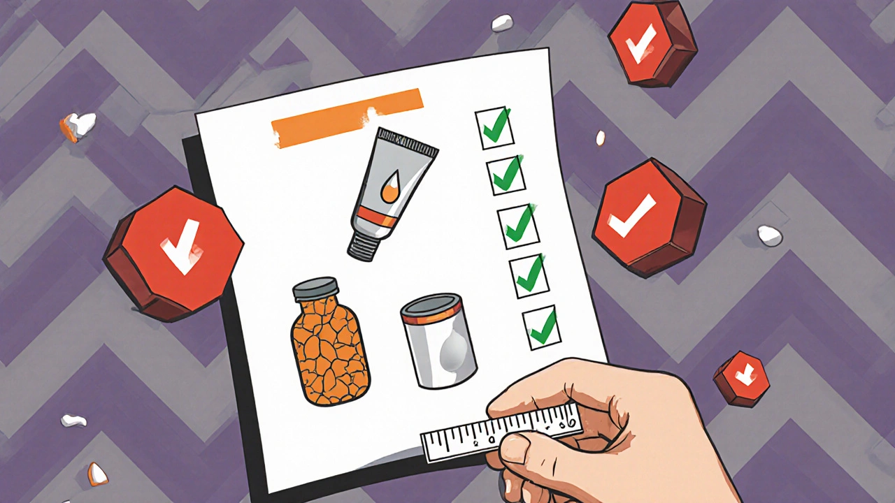 Medical checklist with cartoon icons of cream, ointment, and foam, plus a pea-sized dose measurement.