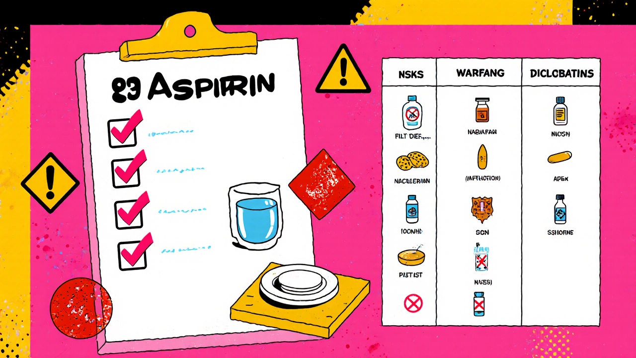 Memphis‑style checklist of low‑dose aspirin use with safety warnings and NSAID comparison.