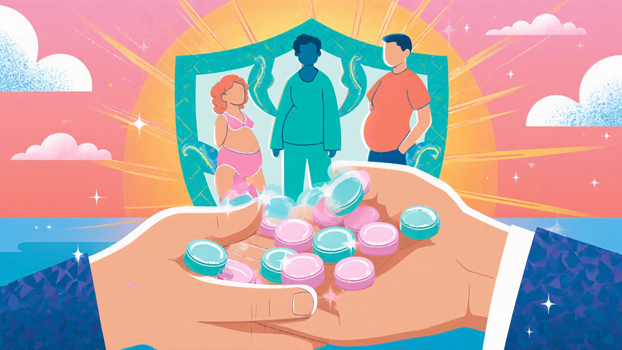 Patient at home taking antiviral pills, with protective shield and happy expression in Memphis design.