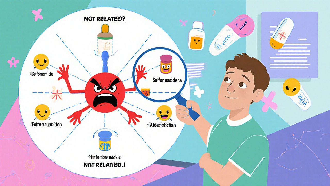 Patient examining molecular structures, with angry red chemical arms vs. smiling safe drugs in geometric clinic scene.