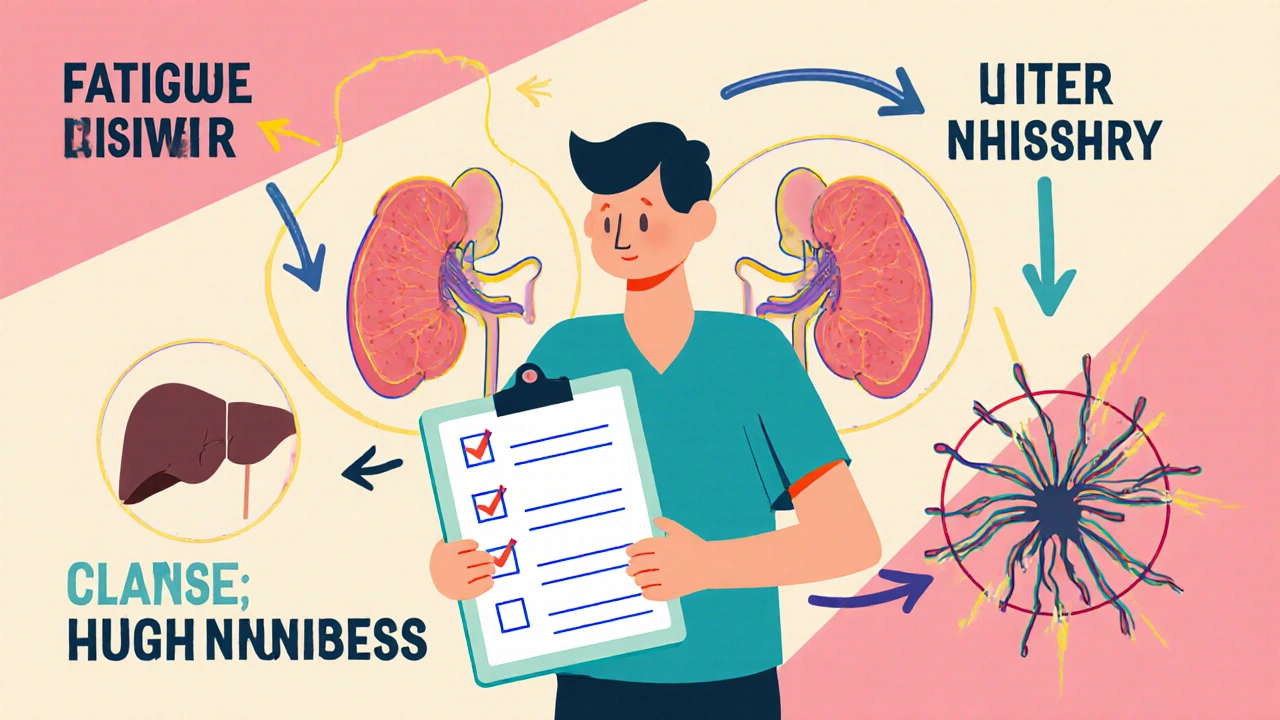 Patient with checklist and transparent organs showing hidden drug damage in bold Memphis-style colors.