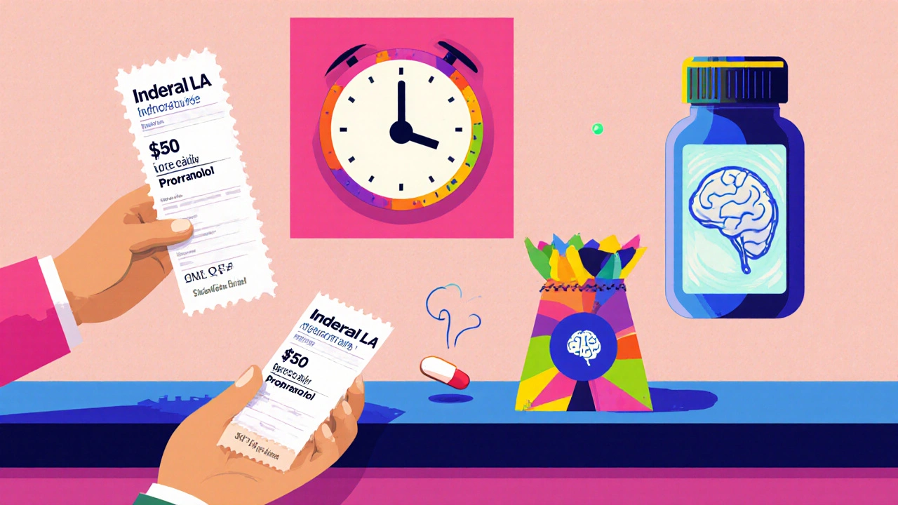 Person at pharmacy exchanging expensive Inderal LA for cheap generic propranolol, with floating icons for dosing and anxiety treatment in Memphis design.