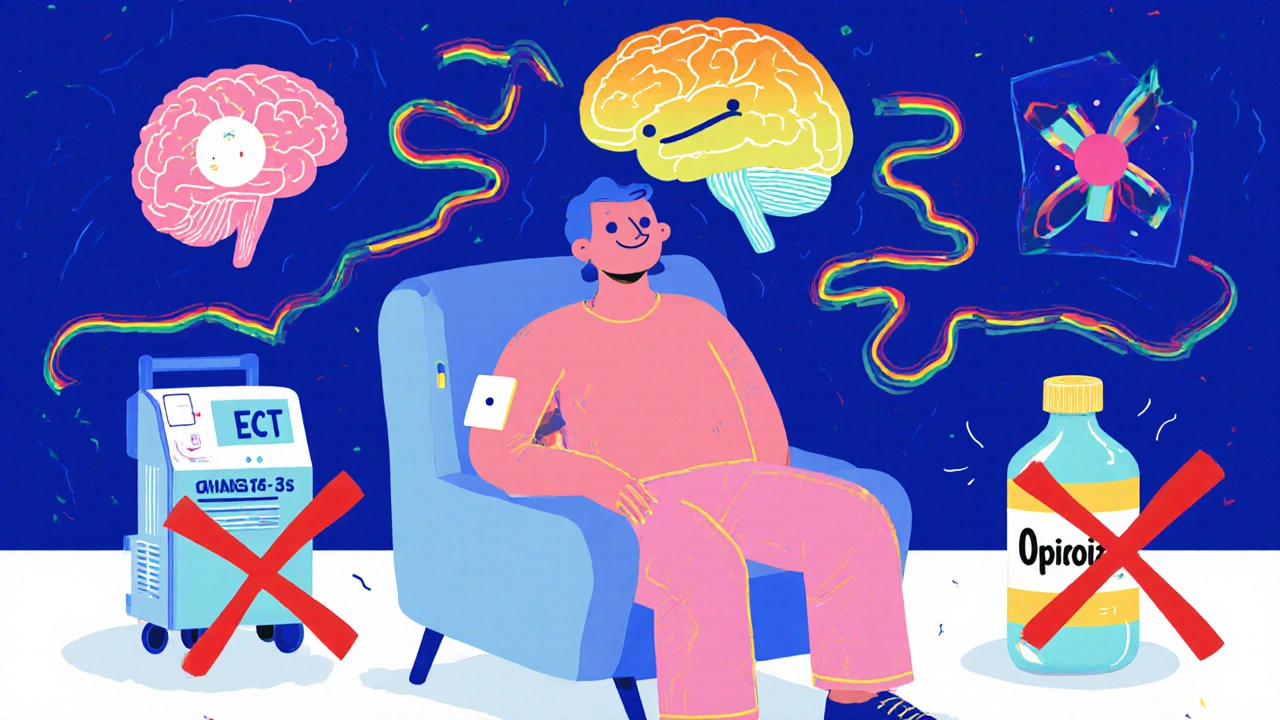 Person in therapy with brain waves, patch, and blocked medications in vibrant Memphis illustration