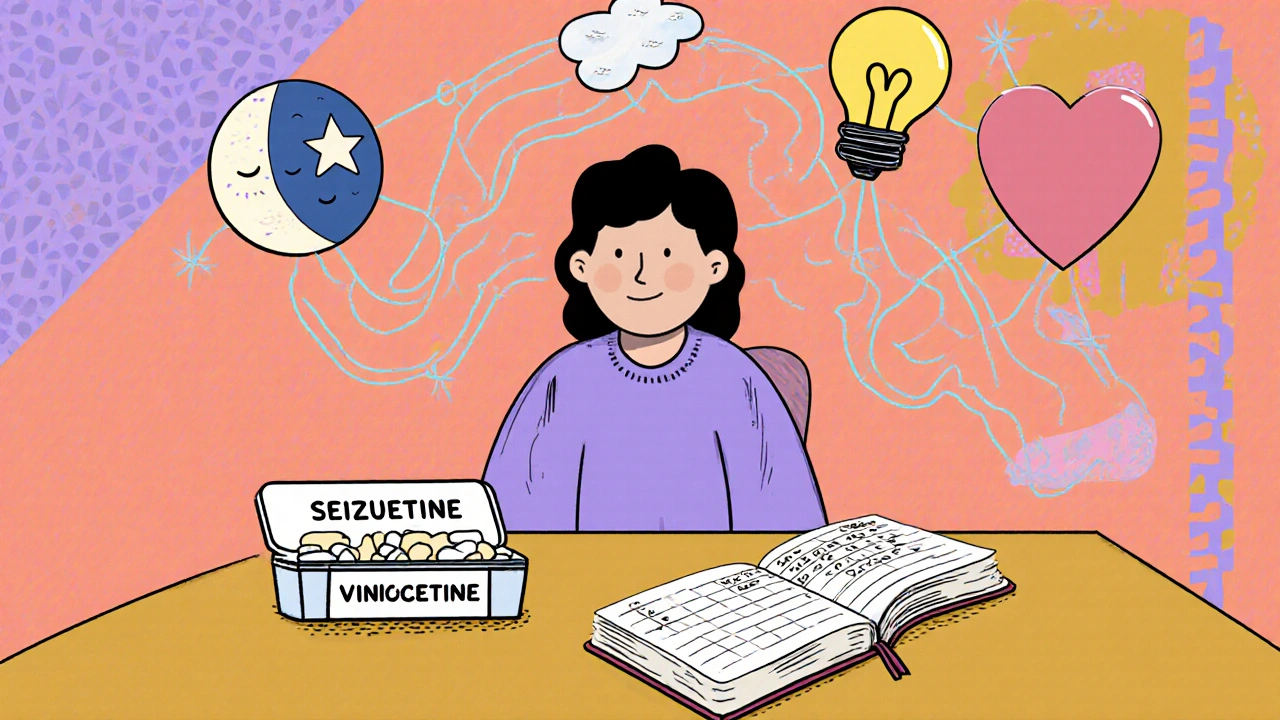 Person journaling seizures with vinpocetine pills and floating icons of sleep, clarity, and neuroprotection.