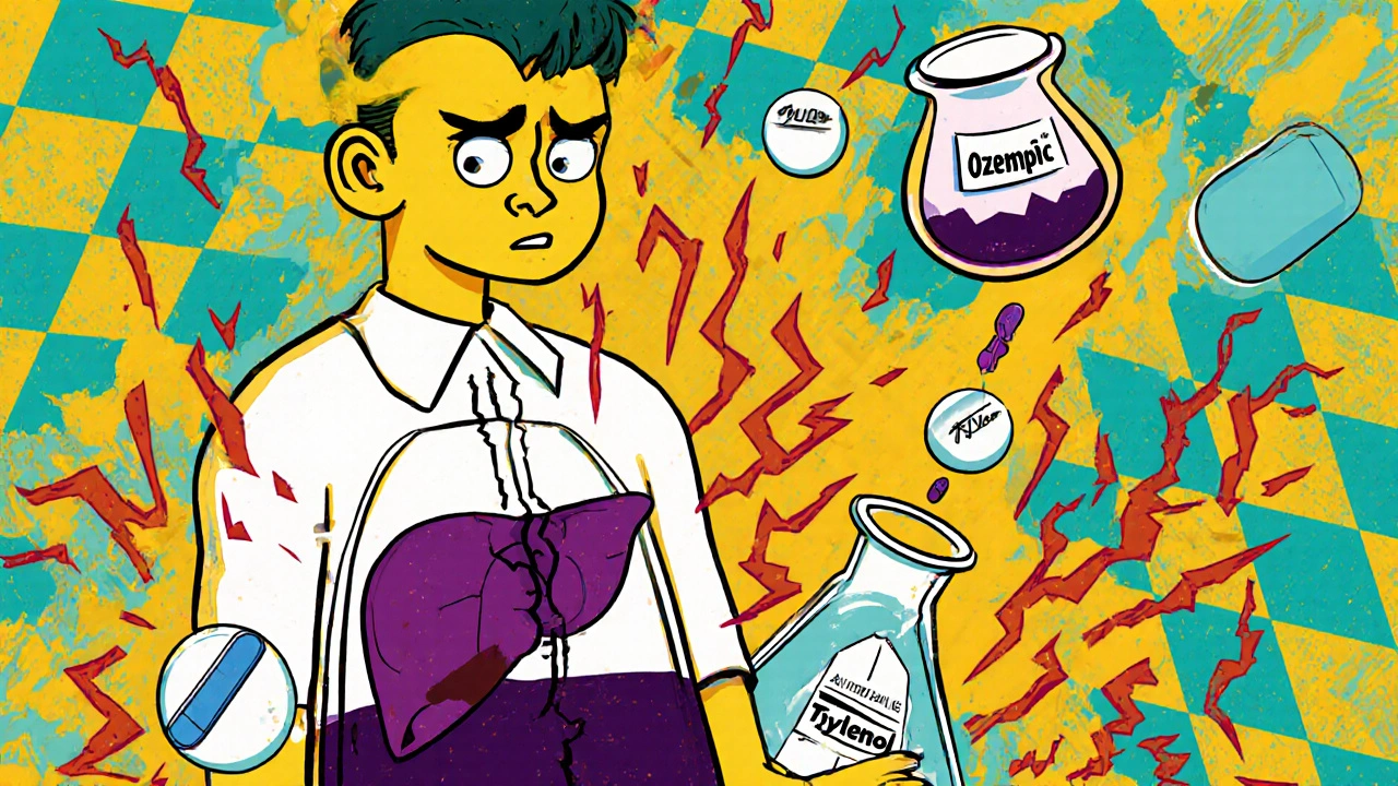 Person with yellow skin and eyes beside glowing liver, dark urine pouring into beaker, floating medication pills.