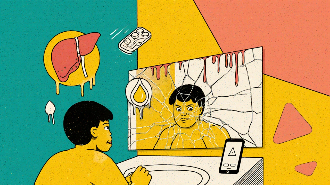 Person with yellow skin looking in mirror, floating pill and liver icons, abstract shapes suggest slow poisoning.