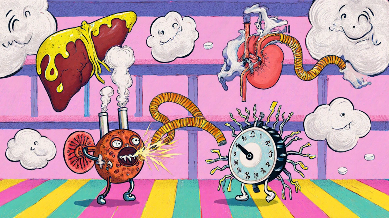 Pharmacy pills turning into monsters damaging liver, kidneys, heart, and nerves in vibrant abstract setting.