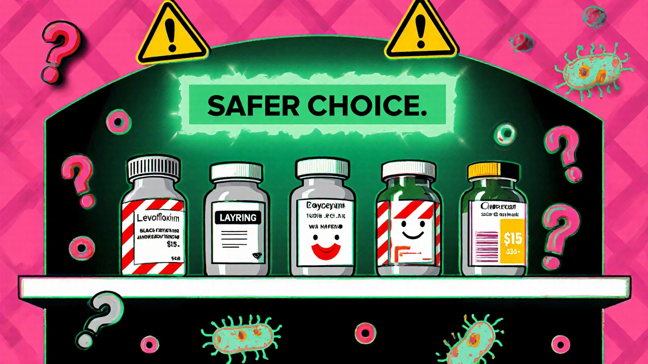 Pharmacy shelf with stylized antibiotic bottles, levofloxacin marked with hazards, others labeled with low cost and safety, in vibrant Memphis style.