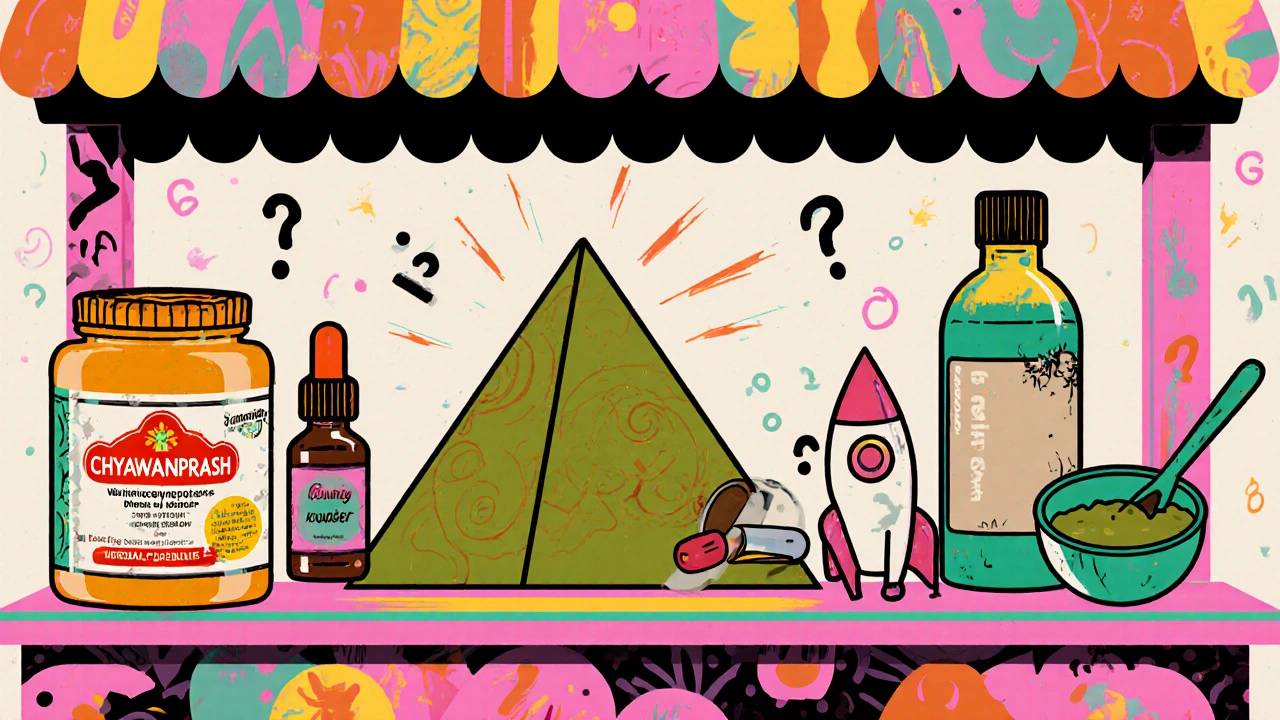 Pop-art marketplace with five herbal alternatives as colorful icons beside outdated Geriforte bottle, abstract Indian patterns in background.