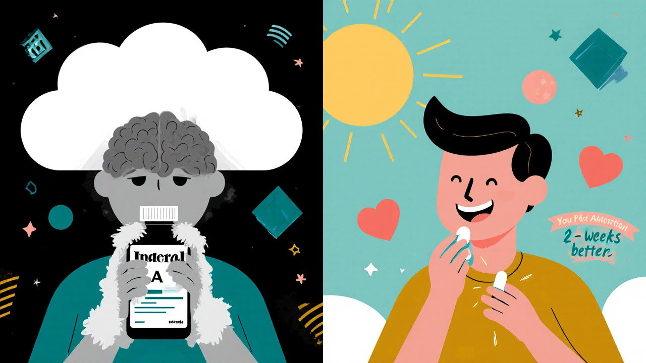 Split cartoon scene showing fatigue from Inderal LA on one side and improved energy with metoprolol on the other, in bold geometric colors.