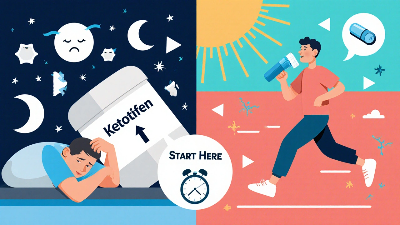 Split illustration comparing drowsiness from Ketotifen to alertness with non-sedating allergy meds, in bold Memphis geometric style.