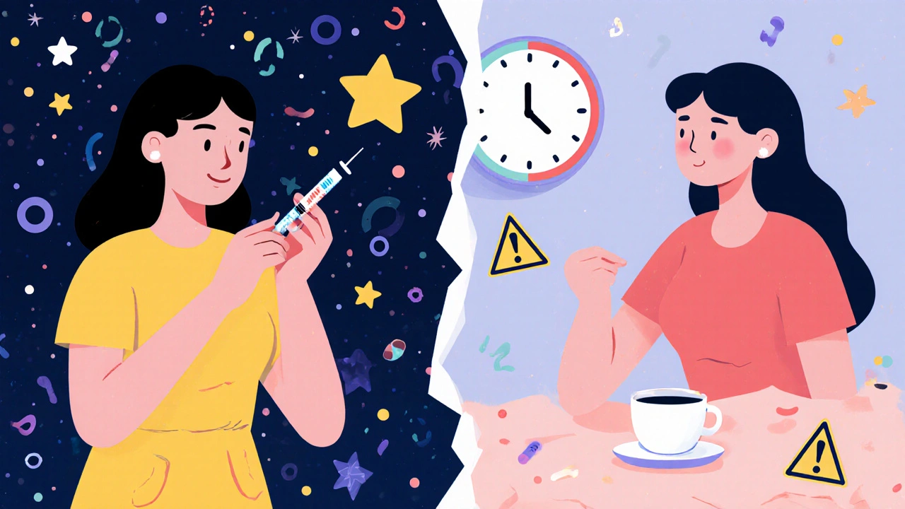 Split scene showing two women using different HSDD medications with abstract symbols.