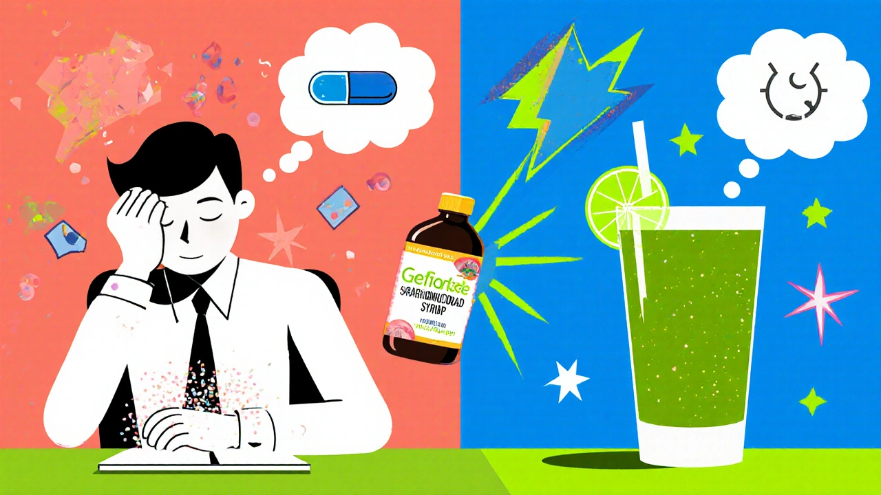 Split-screen cartoon of tired worker with sugar overload vs. energized person with clean supplements, glowing icons and geometric sunbursts.