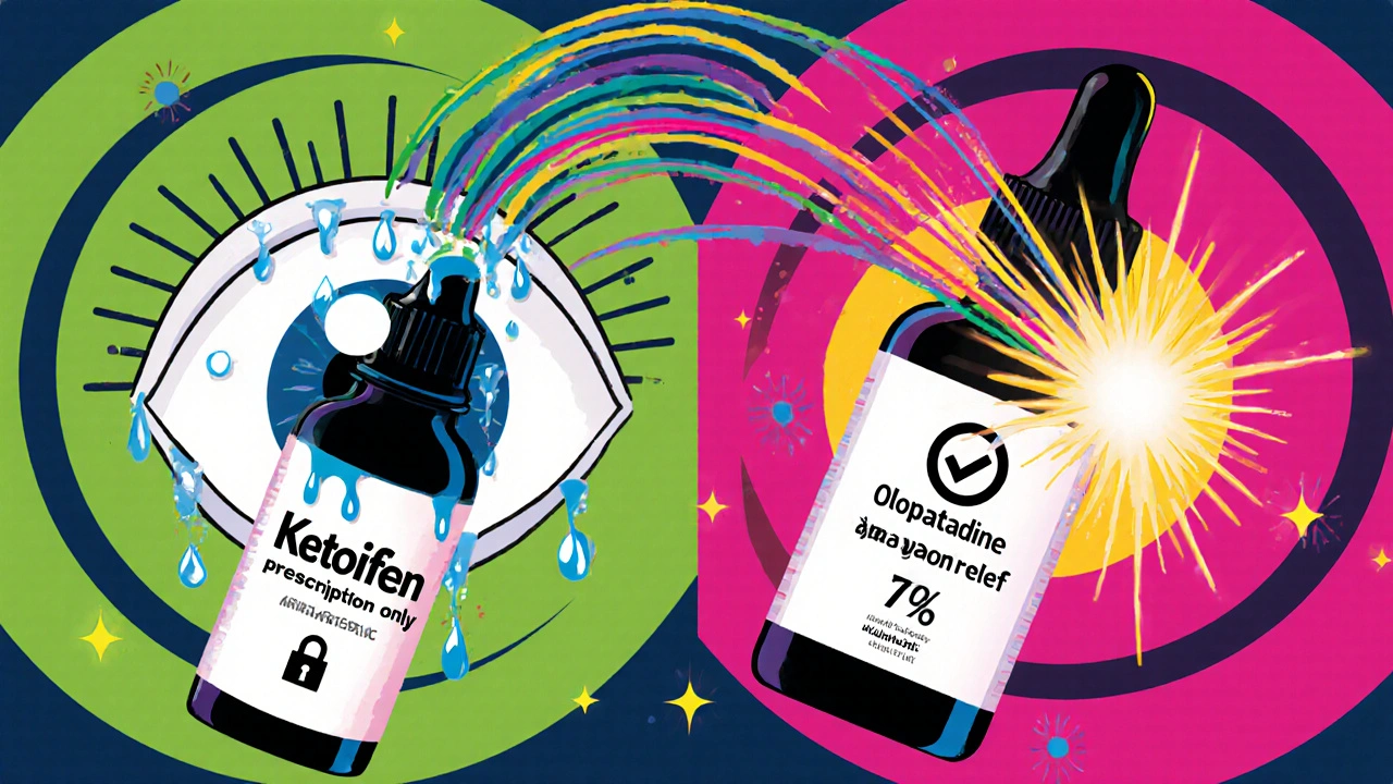 Stylized eyes with eye drops showing rapid vs. slow relief for allergic conjunctivitis, rendered in Memphis design colors and shapes.