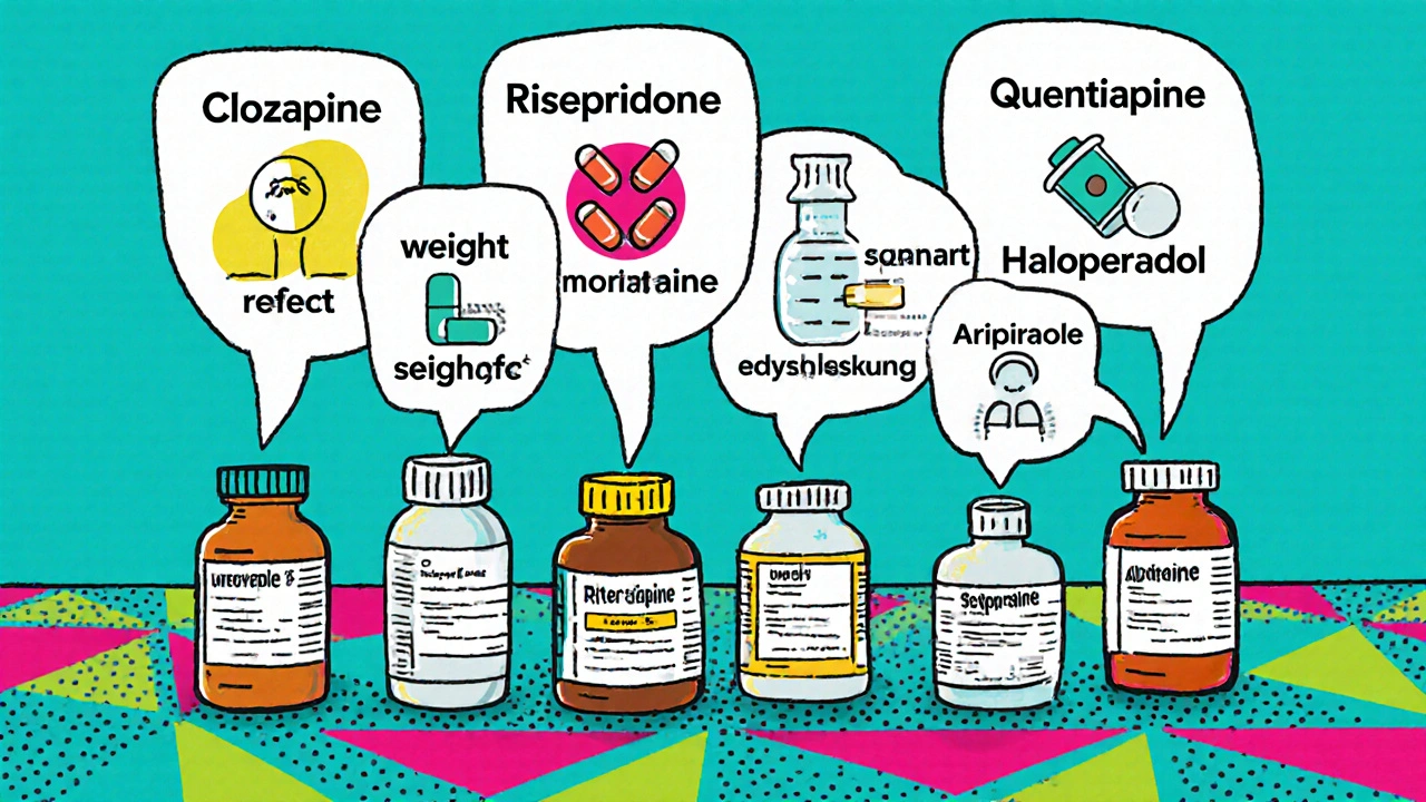 Table with six antipsychotic bottles, each with speech bubbles illustrating benefits and side effects.
