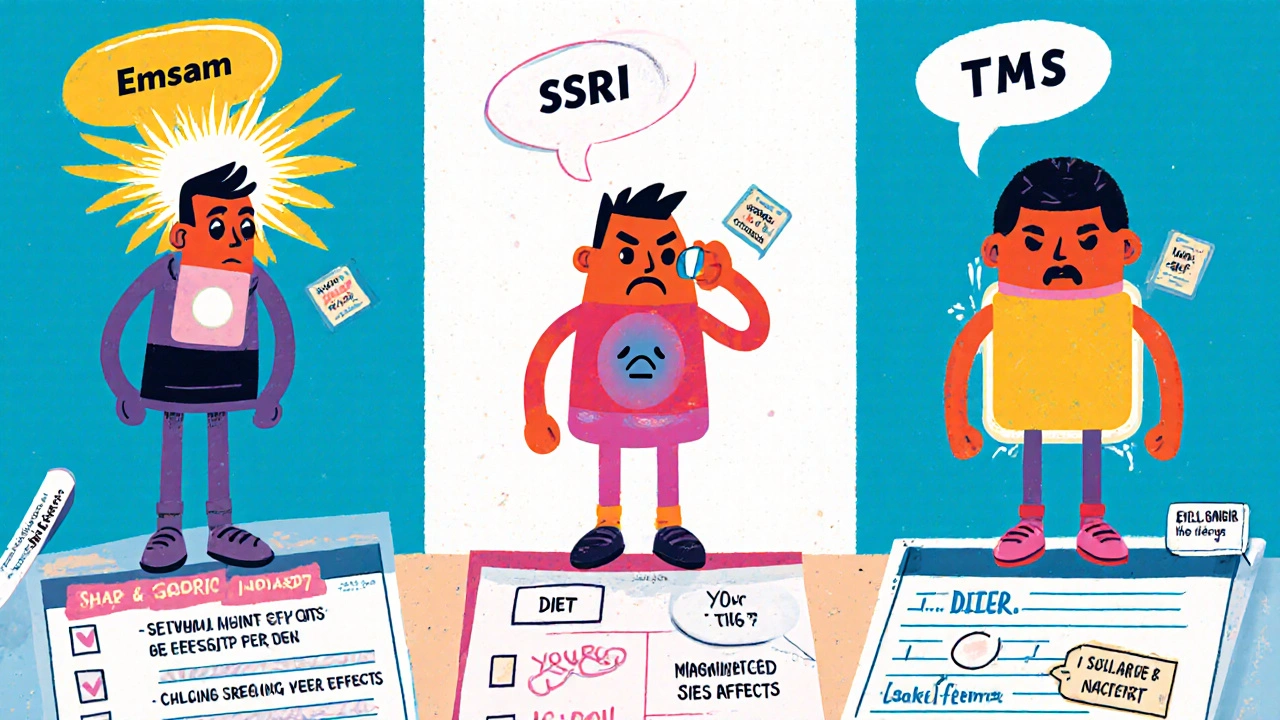 Three quirky treatment options compared: patch, pills, and magnetic therapy in bold cartoon style