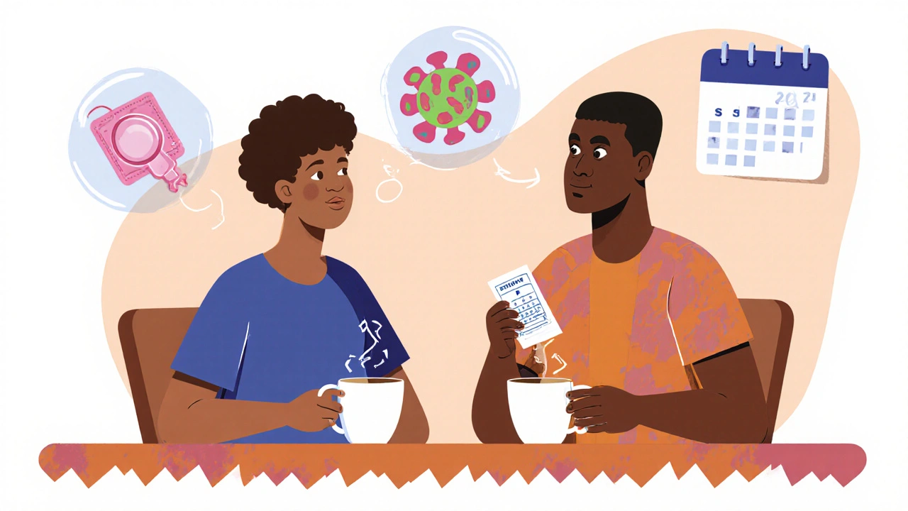 Two people talking calmly over coffee with floating syphilis and protection symbols in bold colors.