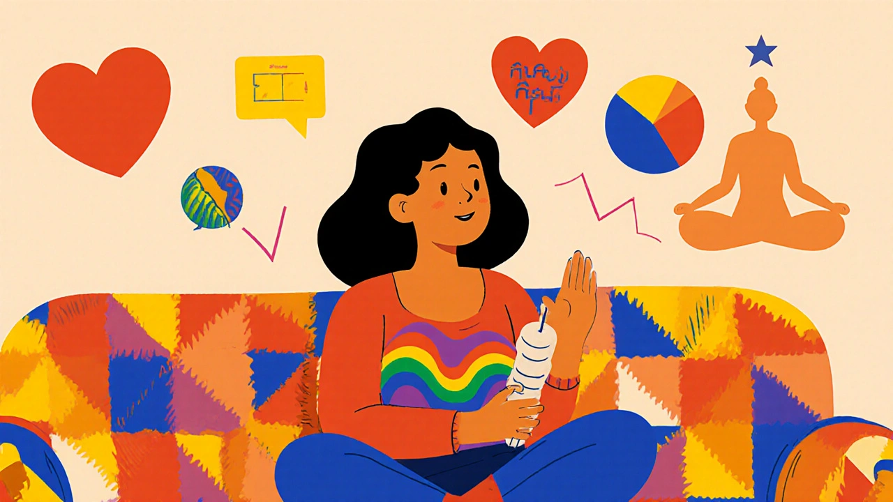 Woman in therapy with wellness symbols floating above her in bold abstract shapes.