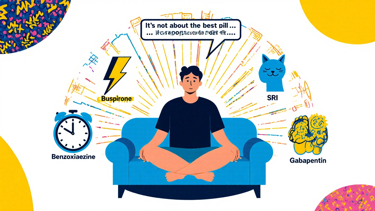 A calm person surrounded by five stylized anxiety treatment tools in colorful geometric patterns.