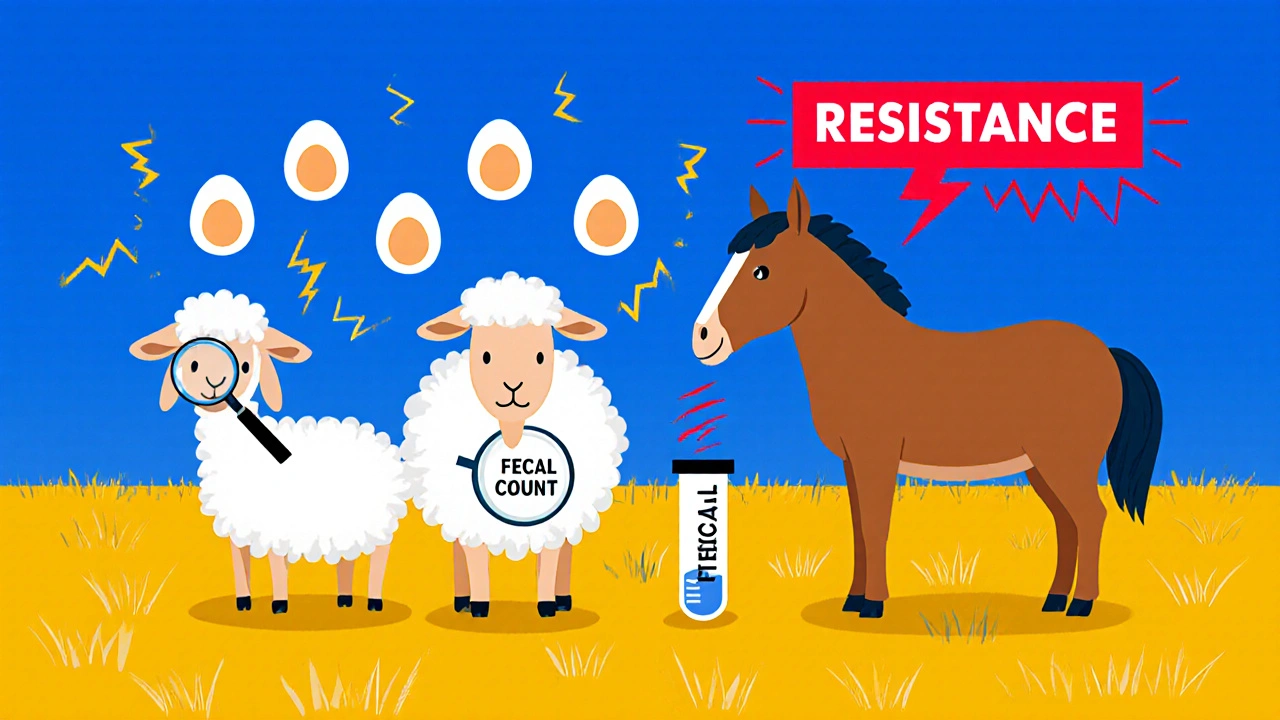 A goat, sheep, and horse in a pasture with floating fecal test icons and a resistance alarm.