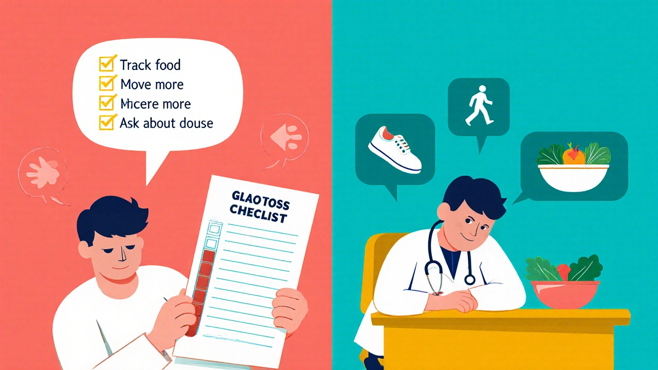 A patient and doctor discussing weight management with health checklist in Memphis style