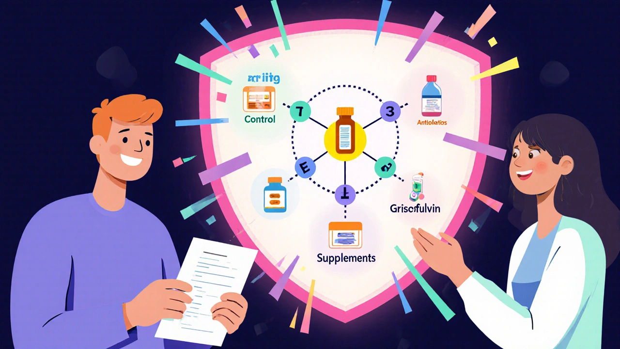 A patient and pharmacist exchanging a medication list, with shattered danger icons behind them in bold geometric design.