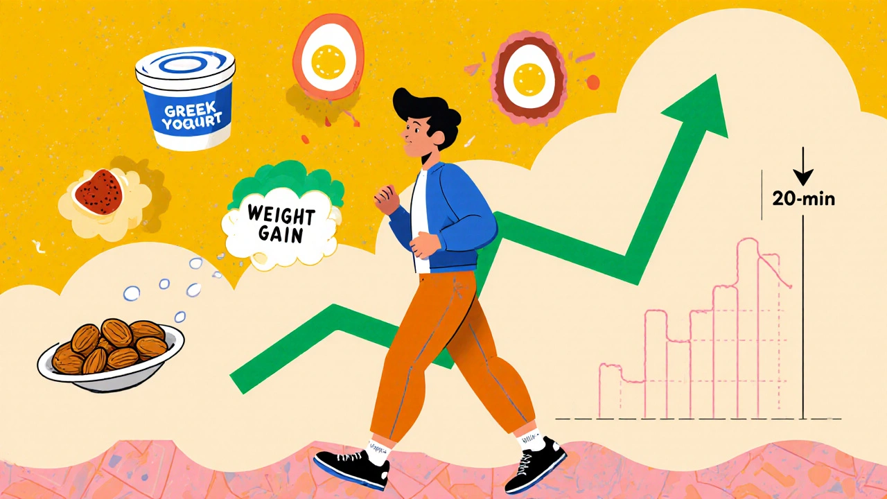 A person walking with healthy snacks replacing junk food in vibrant geometric style